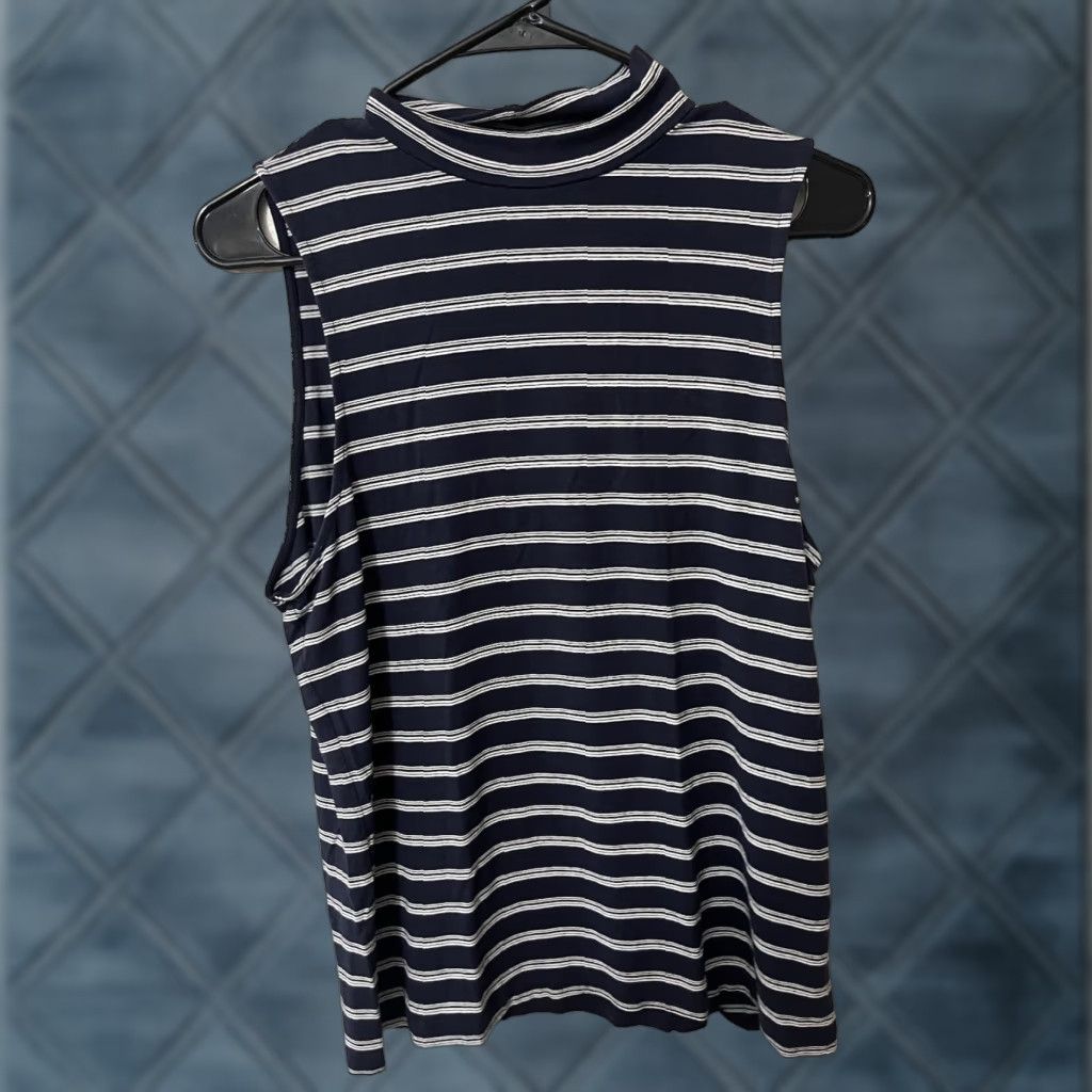 H&M H&M Tunic Shirt Striped Navy White Mock-Neck Sleeveless L Blue Women Size L / US 10 / IT 46 - 1 Thumbnail