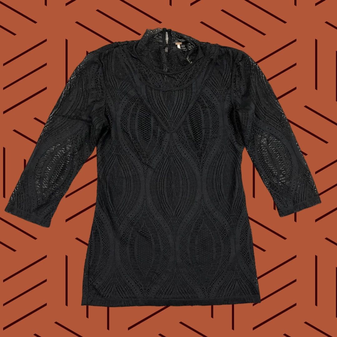 Free People Free People Blouse Black Lace Womens M Mock Neck 3/4 Sleeve Sheer Regular Fit Vintage No N/A? (Oops) Size M / US 6-8 / IT 42-44 - 1 Thumbnail