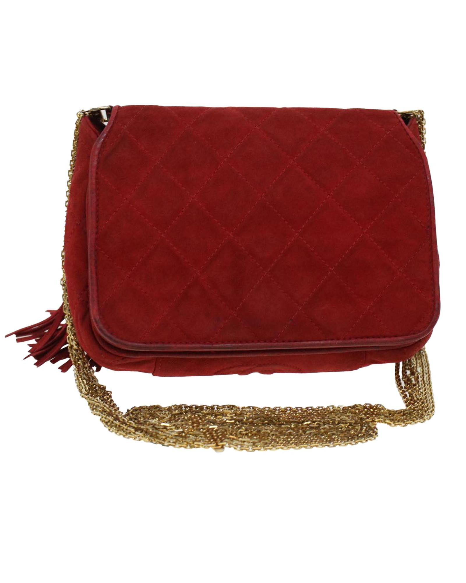 image of Chanel Red Suede Chain Shoulder Bag With Gold Accents, Women's