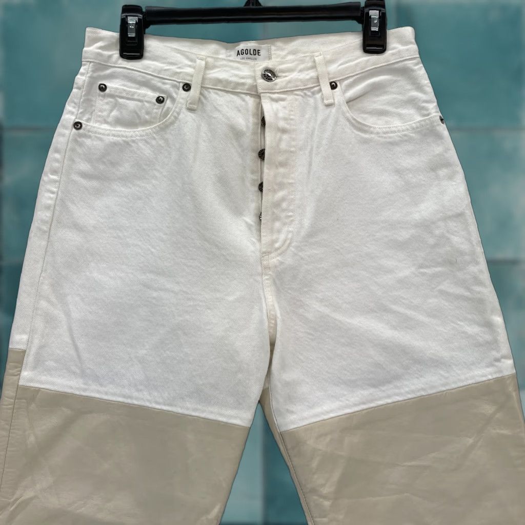 Agolde AGOLDE Pieced 90s' Pinch Waist Jeans Women's 28 White Denim Leather Legs Size 28" / US 6 / IT 42 - 1 Thumbnail