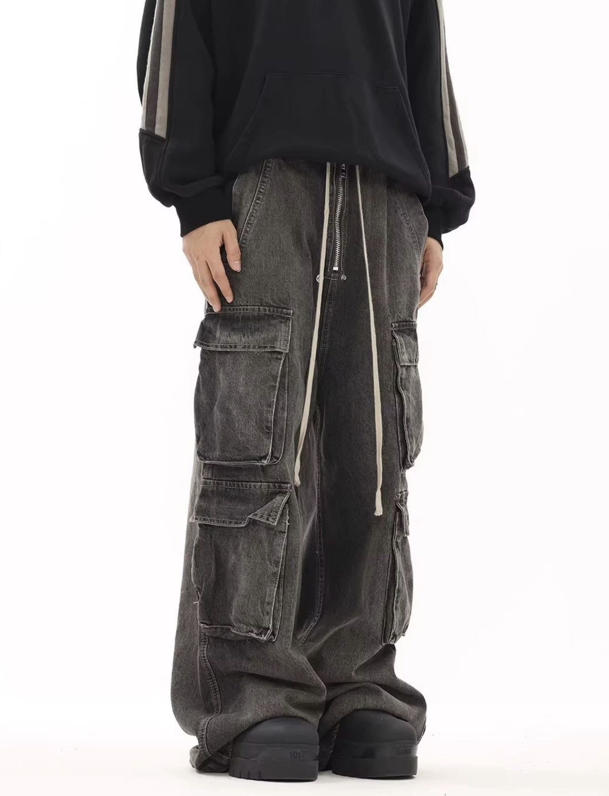 Jean High Street Style Dark Cargo Loose Micro Flare Jeans Size US 33 - 3 Thumbnail