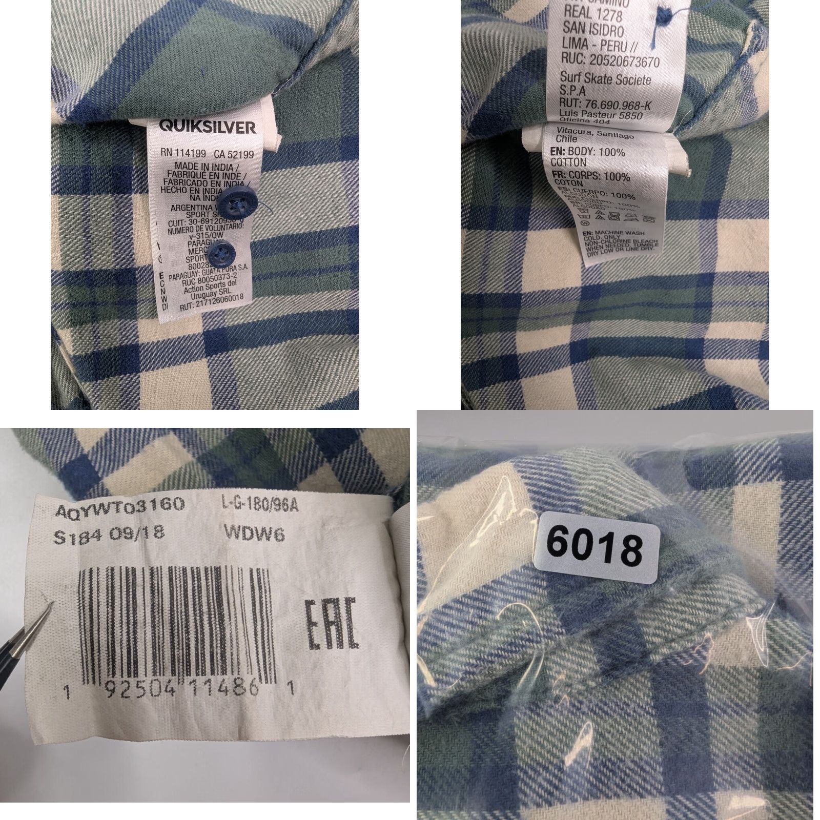 Quiksilver QuikSilver Shirt Men's Large Green Blue Plaid Flannel Regular Fit Skater Surf Size US L / EU 52-54 / 3 - 8 Thumbnail