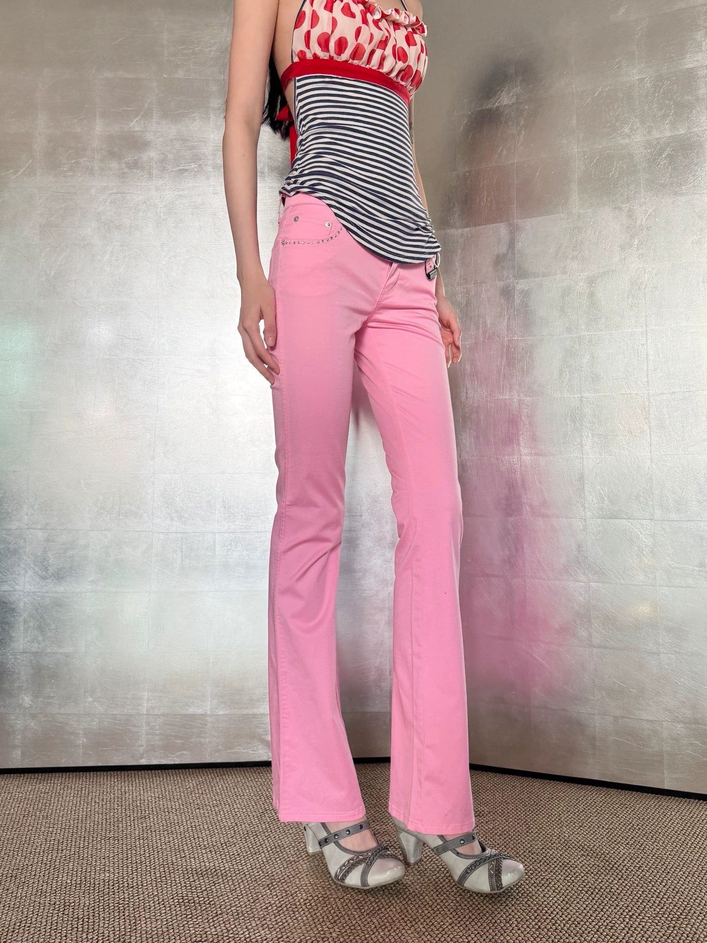 Other Italian Vintage y2k Crystal Cotton Low-Rise Straight Pants Size 27" / US 4 / IT 40 - 3 Thumbnail