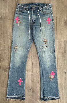 Chrome Hearts Pink checkered pony hair cross patch fleur knee denim jeans, c99