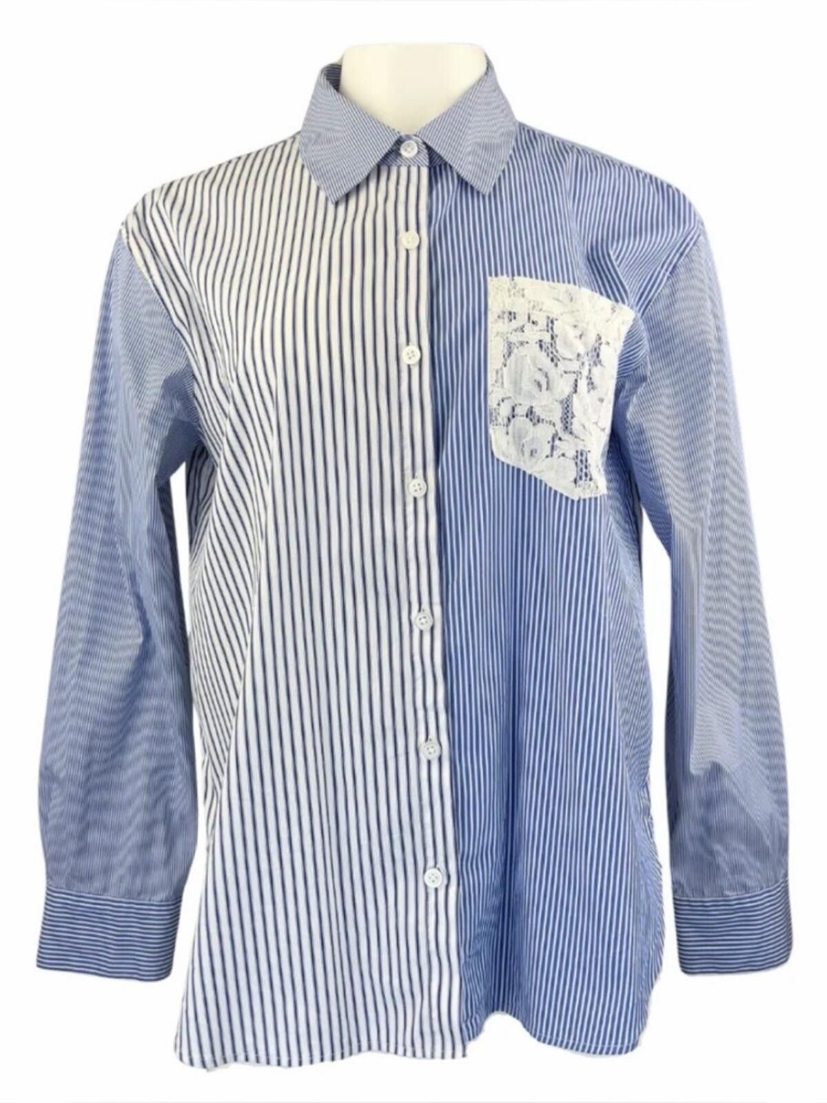 DKNY DKNY / Lace Pocket Striped Button Down Shirt / Blue White Size S / US 4 / IT 40 - 2 Thumbnail