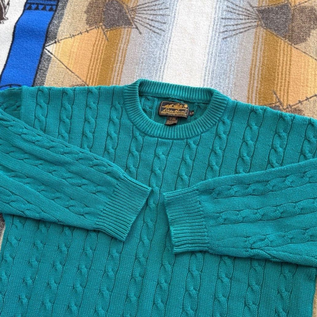 Eddie Bauer VINTAGE Eddie Bauer Fisherman Cable Knit Sweater Teal Blue Men’s Large Cotton Pullover Long Sleeve Casual 90s Mens Size US L / EU 52-54 / 3 - 2 Thumbnail