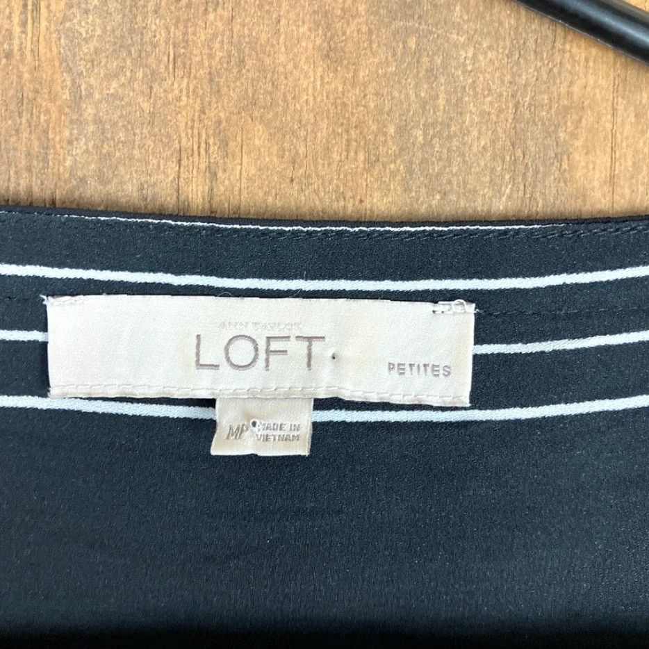 Loft VINTAGE LOFT Blouse Womens Black White Stripes Dot Print Petite Roll Tab Sleeve MP Size M / US 6-8 / IT 42-44 - 6 Thumbnail