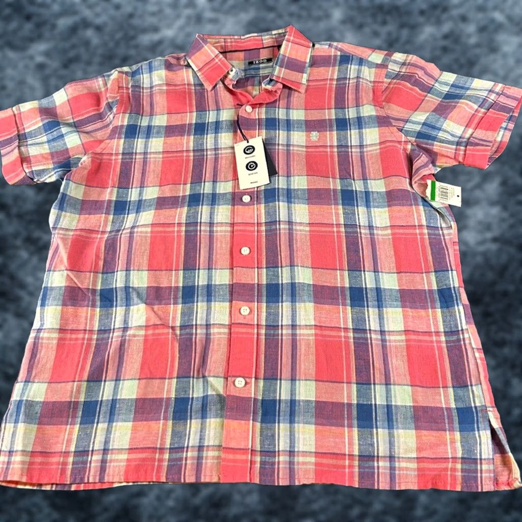 Izod IZOD Madras Plaid Shirt Breathable Quick Dry Linen Button Up Pink Blue Men Large Size US L / EU 52-54 / 3 - 1 Thumbnail