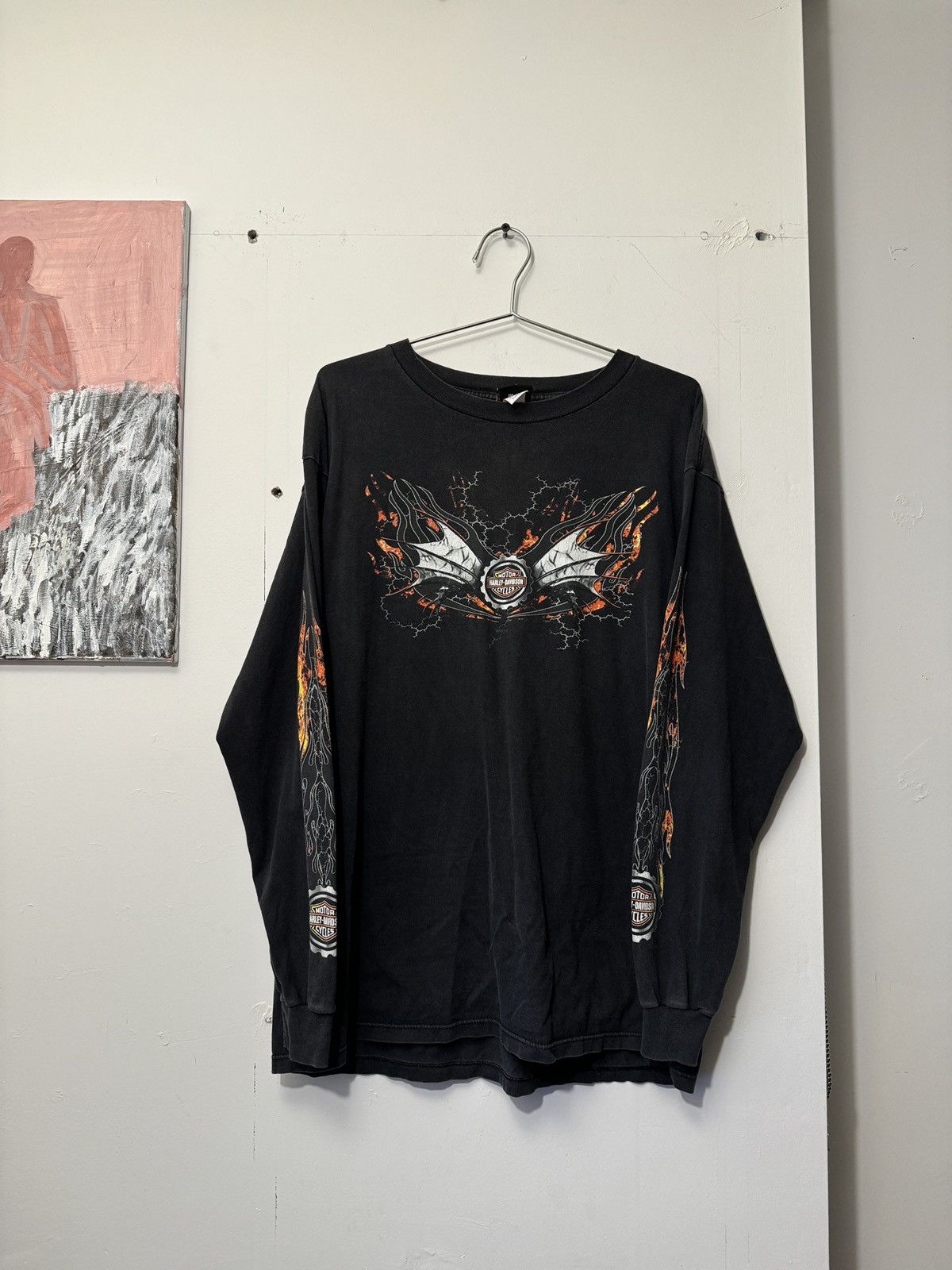 image of Harley Davidson x Vintage Y2K Harley Faded Batwing Metal Flame Logo Longsleeve in Black (Size XL)