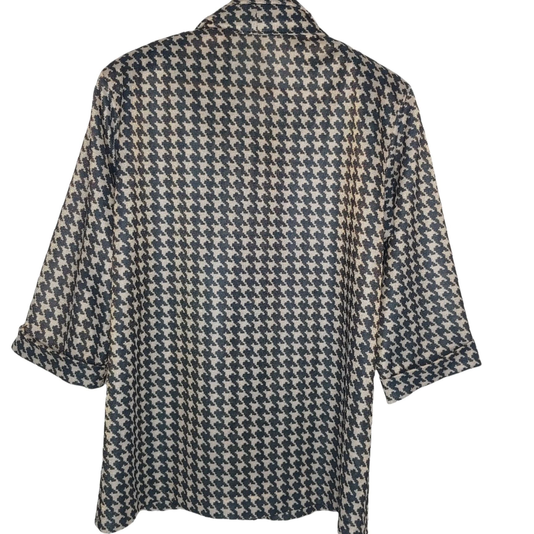 Vintage VINTAGE Blouse Houndstooth Tie 3/4-Sleeve M Womens Black Gold Buttons Tan Shimmer 70s 1970s Size M / US 6-8 / IT 42-44 - 3 Thumbnail