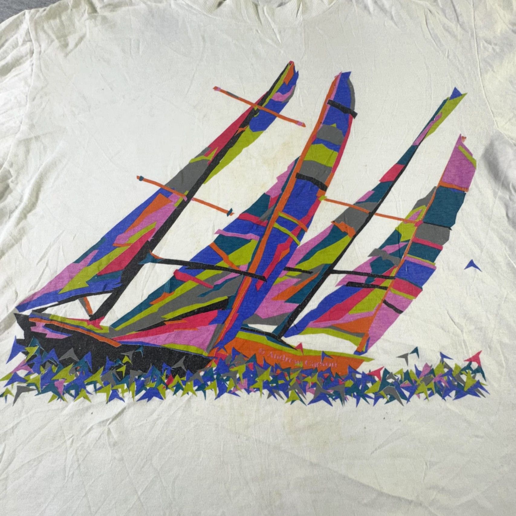 Vintage VINTAGE Oneita Shirt Mens Medium White Abstract Sailboat Graphic Tee 90s USA Mens Size US M / EU 48-50 / 2 - 2 Thumbnail