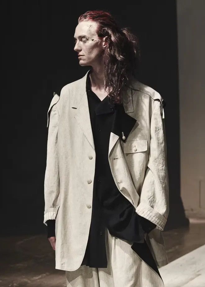 image of Yohji Yamamoto S/s22 Look 4 Cotton/linen Herringbone Jacket in Ivory, Men's (Size Medium)