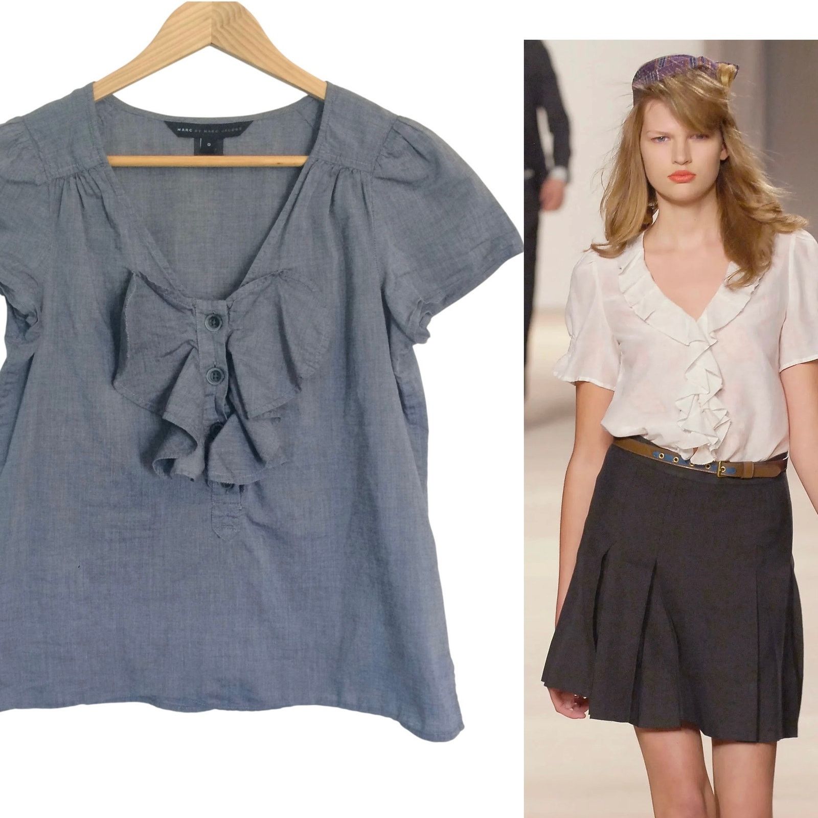 Marc by Marc Jacobs Marc by Marc Jacobs Blue Chambray Ruffle Jabot Blouse Top Size XS / US 0-2 / IT 36-38 - 1 Thumbnail