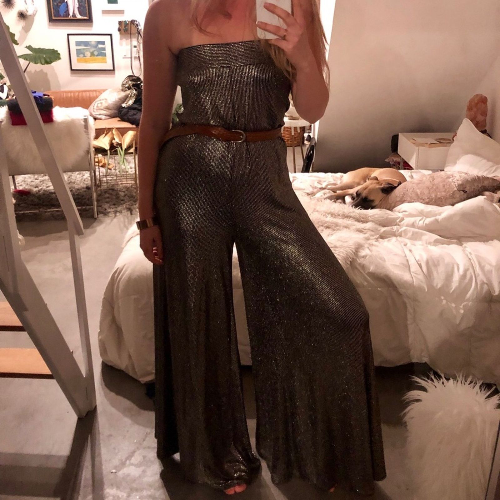 Bi-Shoulder Ruffles Ladder Jumpsuit (Black & Gold)