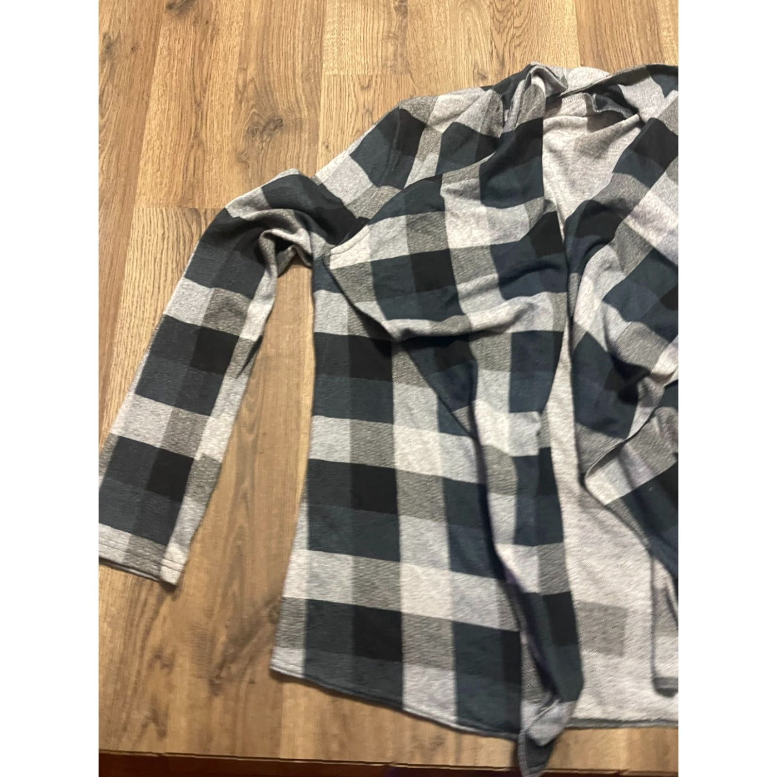 Vintage ee:some Sweater Women's Cardigan, Medium, Plaid Open Cardigan, Gray Black Green, Casual, Regular Fit, Fall Spring Summer, Womens Size M / US 6-8 / IT 42-44 - 3 Thumbnail