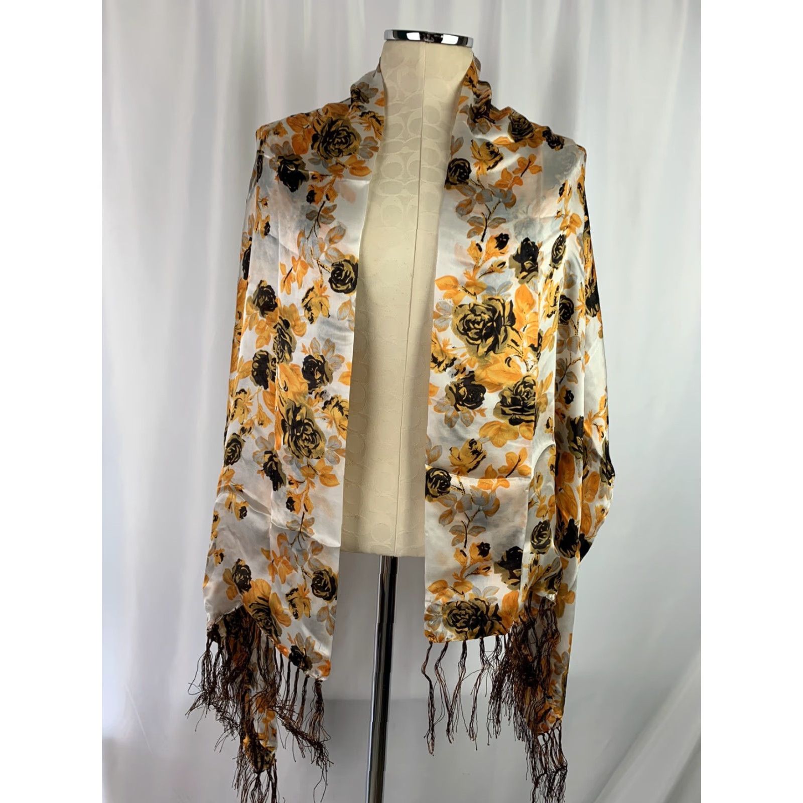Vintage VINTAGE New Silk Scarf Orange Rose Floral Scarf Brown Fringe 21 x 62" Silk Floral Roses Orange Womens Scarf Size ONE SIZE - 4 Thumbnail