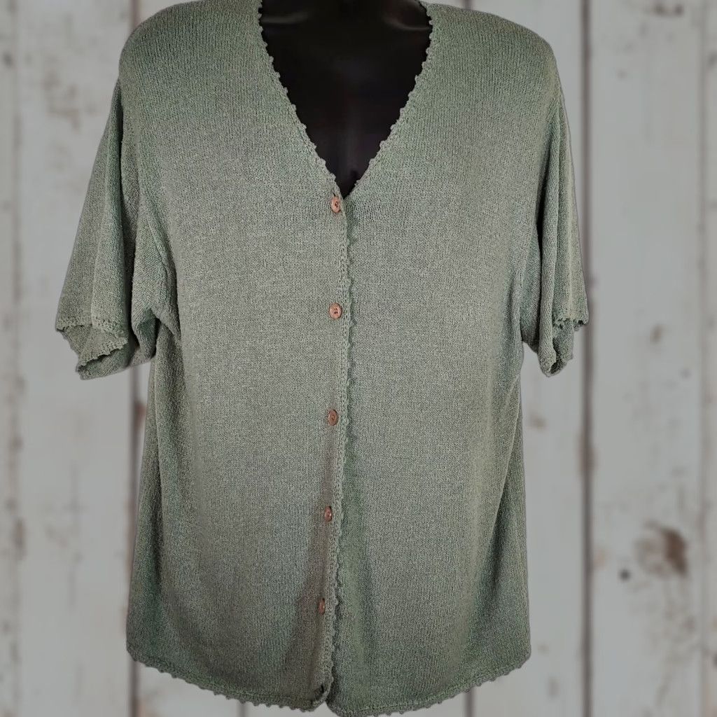 Vintage VINTAGE Milano Design Group Women's 1X Plus Button Green Sweater Cardigan Silk Blend Solid Knit Short Sleeve 60% Silk Mens? Wait. Size XL / US 12-14 / IT 48-50 - 1 Thumbnail