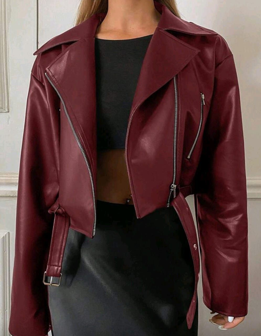 Other Women’s Burgundy Faux Leather Biker Jacket–Cropped Fit 🍷🔥 Size S / US 4 / IT 40 - 4 Thumbnail