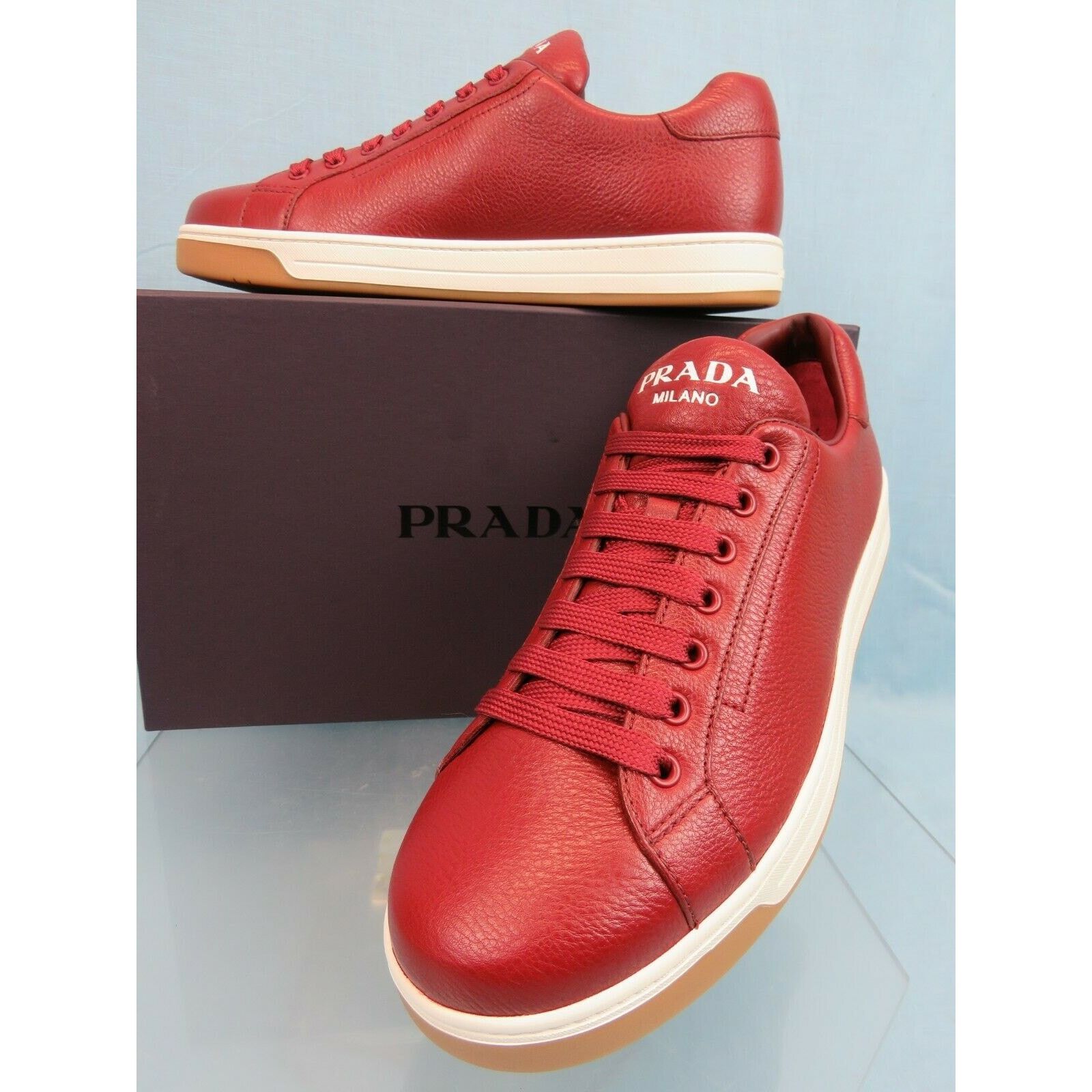 Prada 4E3507 RED TEXTURED LEATHER LOGO LOW TOP SNEAKERS 7.5 Size US 8.5 / EU 41-42 - 7 Thumbnail
