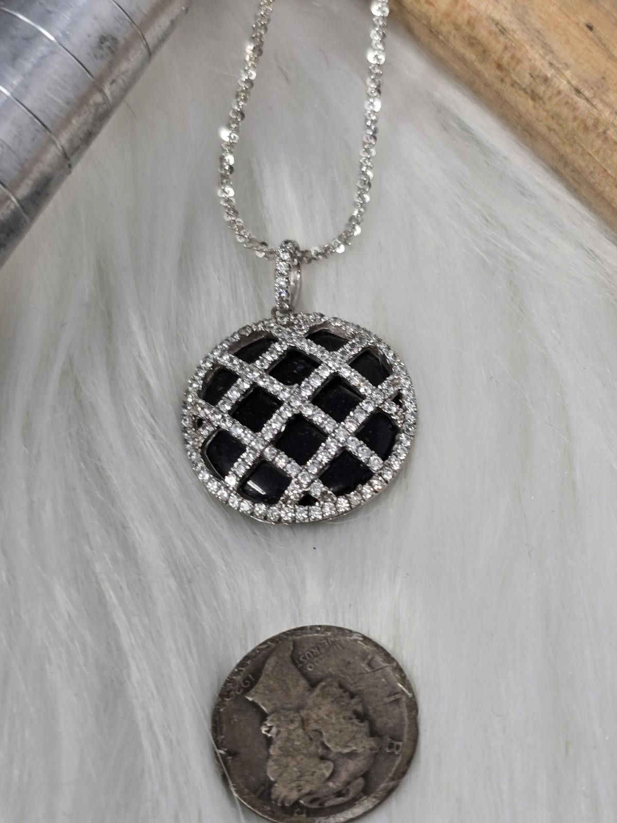 The Unbranded Brand 925 Silver Art Deco Revival Black Round Pendant 24" Chain Size ONE SIZE - 4 Thumbnail