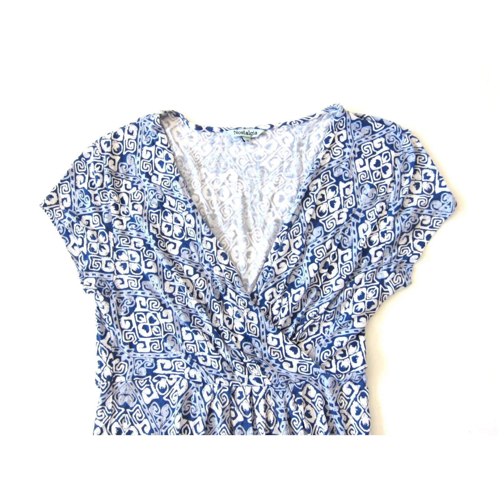 Vintage Nostalgia Blue White Paisley Floral Rayon Stretch Short Sleeve V-Neck Dress M Size 32" / US 10 / IT 46 - 7 Thumbnail