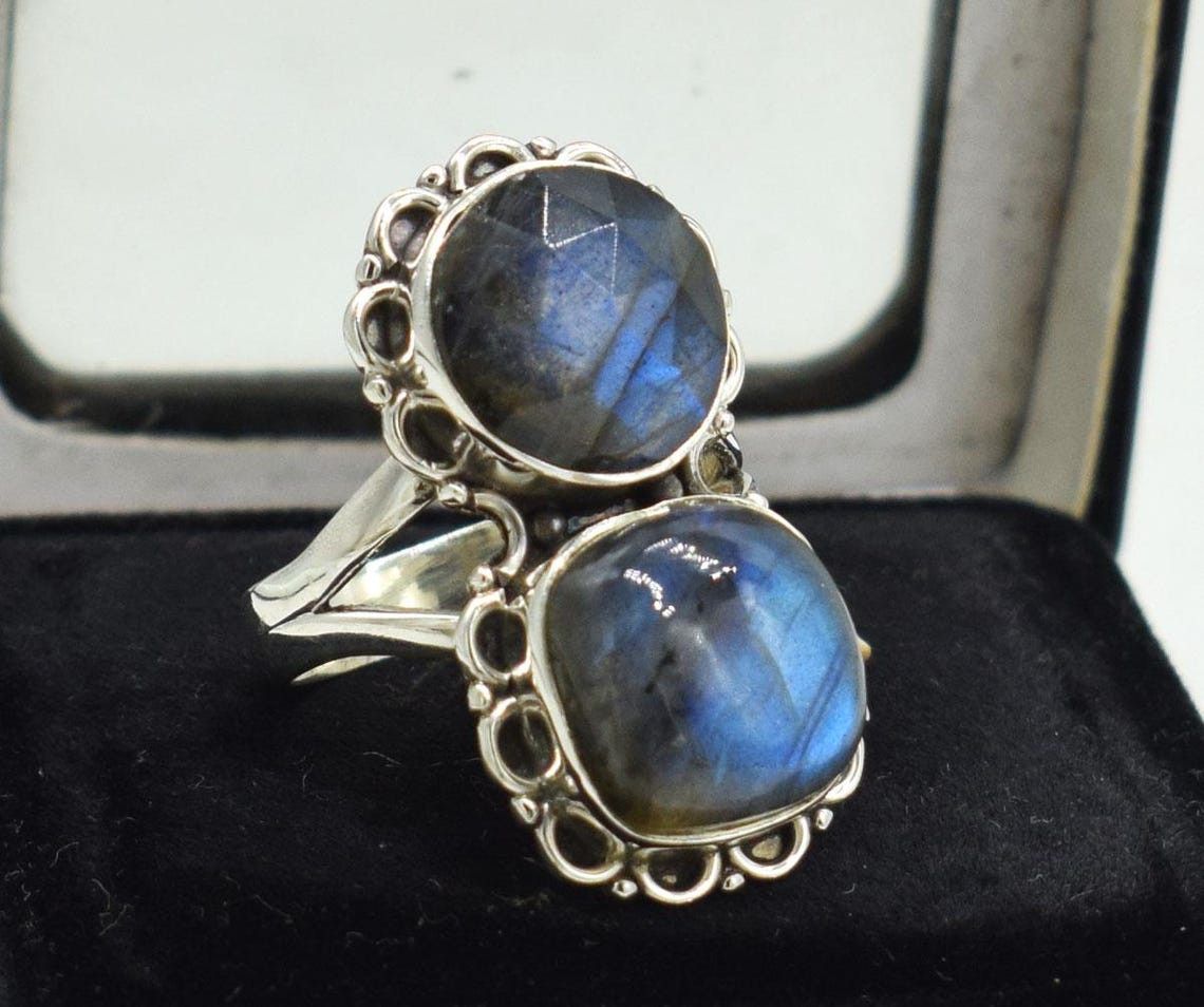 Handmade Blue Fire Labradorite 925K Silver Ring Handmade Boho Jewelry Size ONE SIZE - 3 Thumbnail