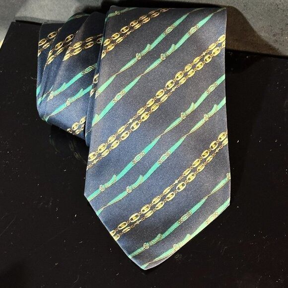 Gucci Gucci Logo Silk Tie Kelly Green Blue Striped Gold Link Chain Size ONE SIZE - 4 Thumbnail