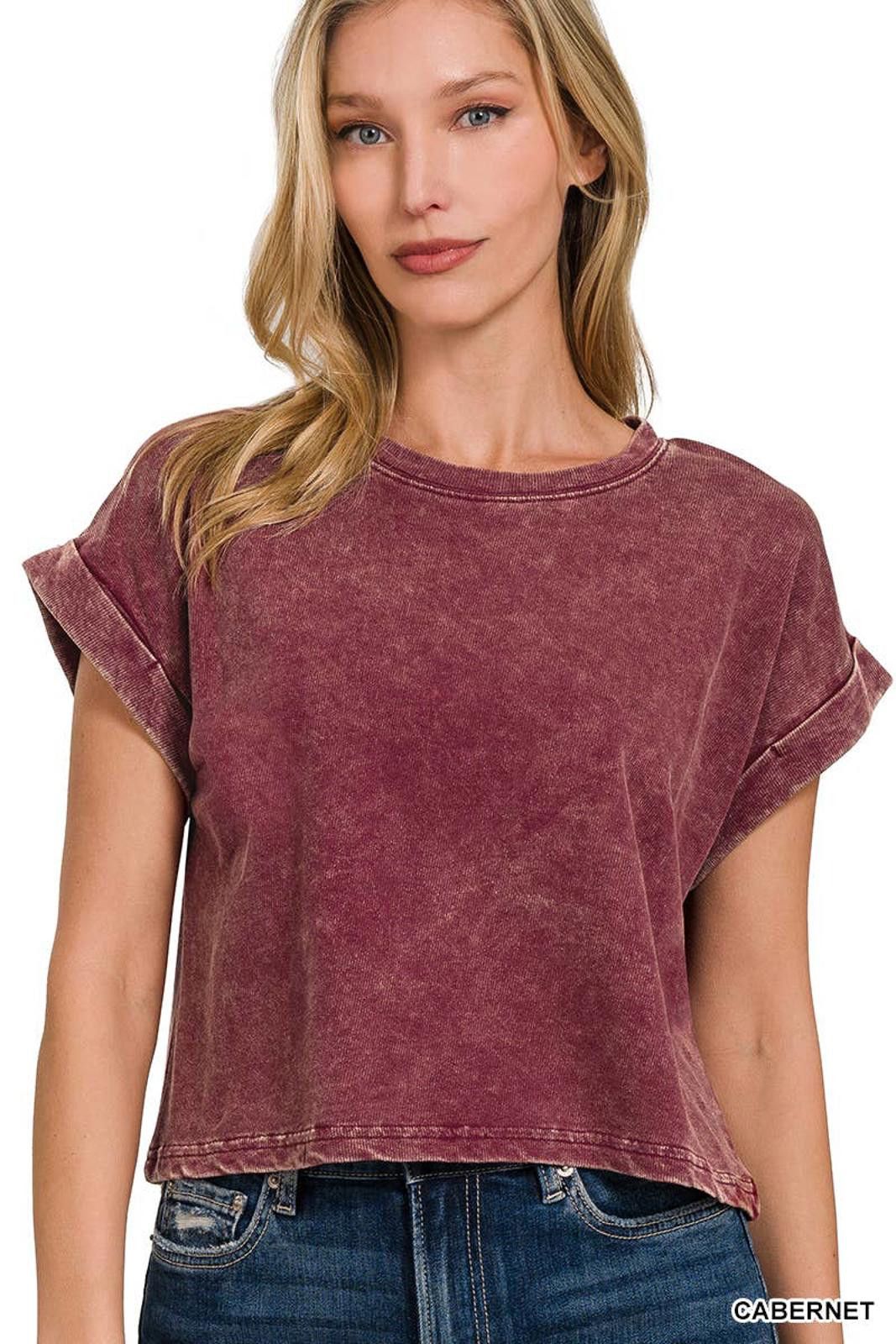 Other Acid Wash Cotton Folded Sleeve Top Zenana (B Lavender) Size S / US 4 / IT 40 - 8 Thumbnail