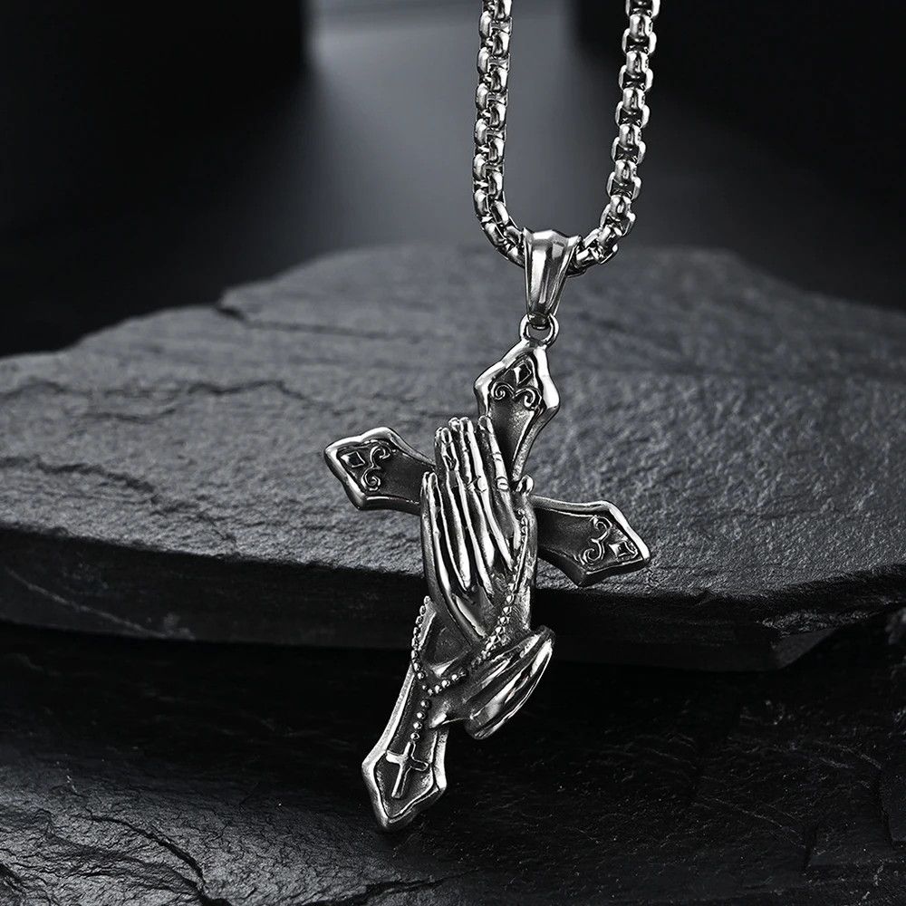 Jewelry Vintage Praying Hands Cross Pendant Necklace Size ONE SIZE - 3 Thumbnail
