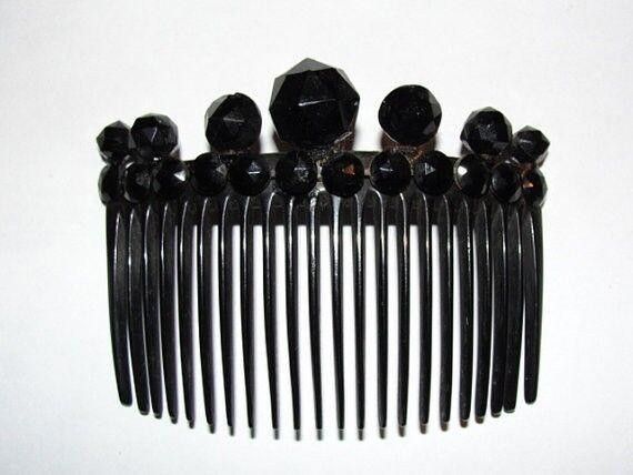 Handmade Victorian Black Celluloid Hair Comb Faceted Circular Studs Size ONE SIZE - 1 Thumbnail