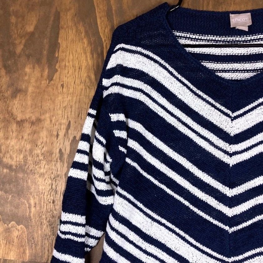 Vintage Chicos Womens Sweater Navy Blue White Chevron Boat Neck Long Sleeve M Crew Pullover Knit Casual Womens Size M / US 6-8 / IT 42-44 - 4 Thumbnail