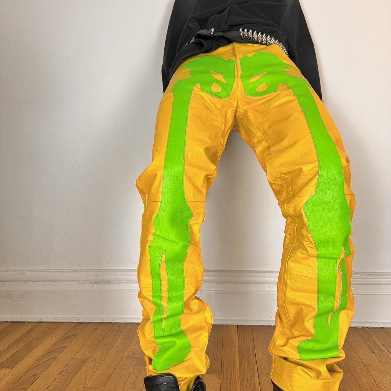 Vintage Seeking Green/Yellow Skeleton Leather Biker Pants - 36x36" Size US 36 / EU 52 - 1 Thumbnail