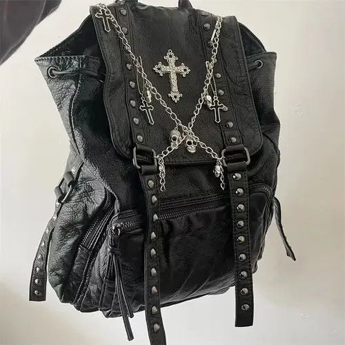 VIBE Goth Y2k Backpack Punk Bag artificial leather cross Skeleton Size ONE SIZE - 8 Thumbnail