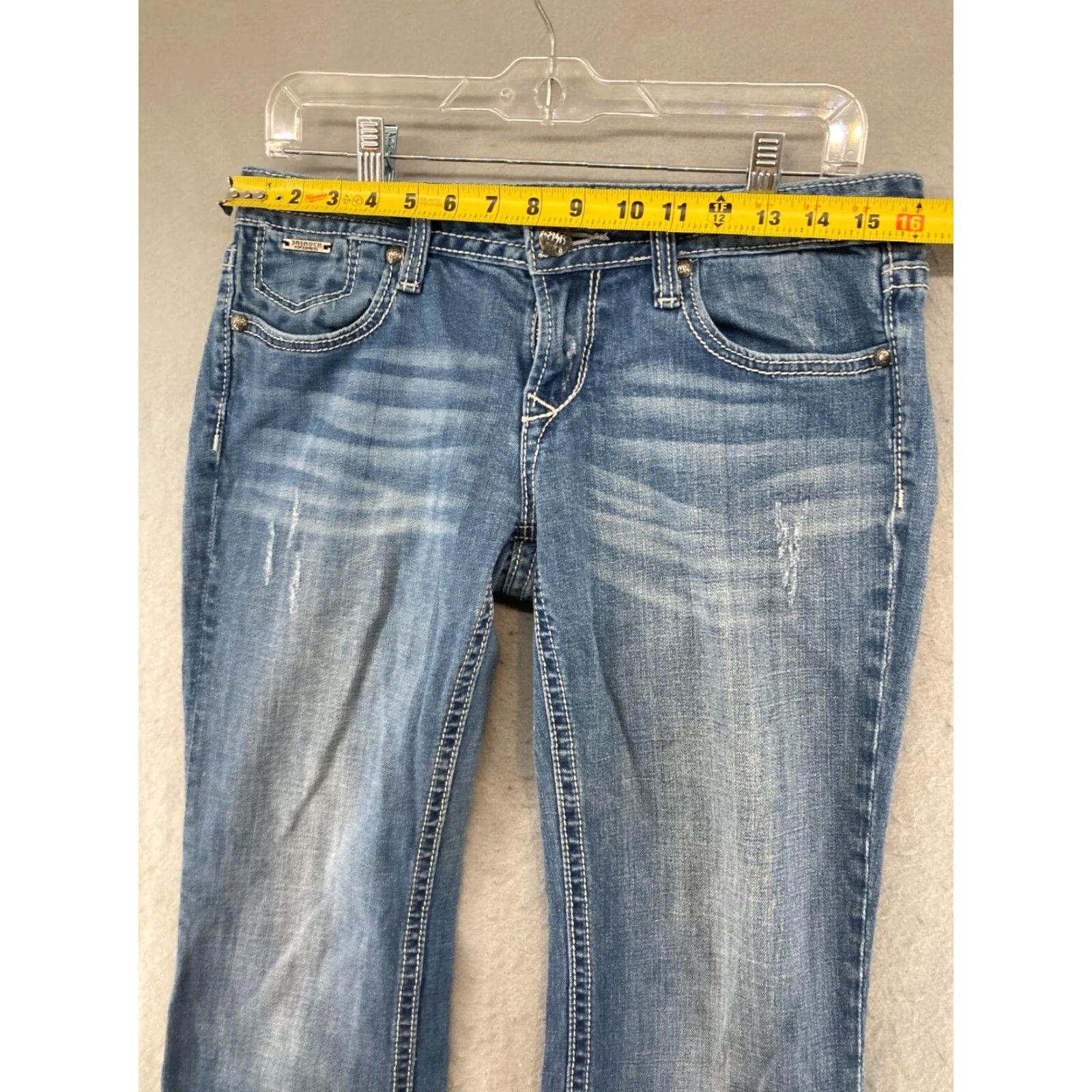 Express Express Bootcut Jeans Womens 32 Low Rise Distressed Thick Stitch Blue Cotton Blend Size 24" / US 00 / IT 34 - 2 Thumbnail