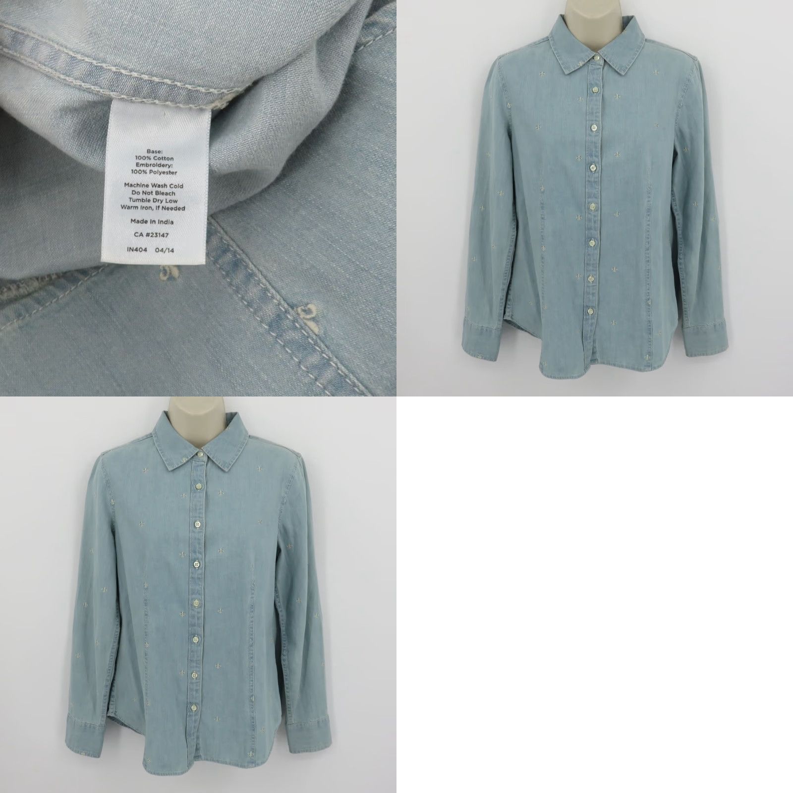 Talbots Talbots Women 6 Chambray Denim Button Shirt Embroidered Fleur De Lis Collar Top Size M / US 6-8 / IT 42-44 - 8 Thumbnail