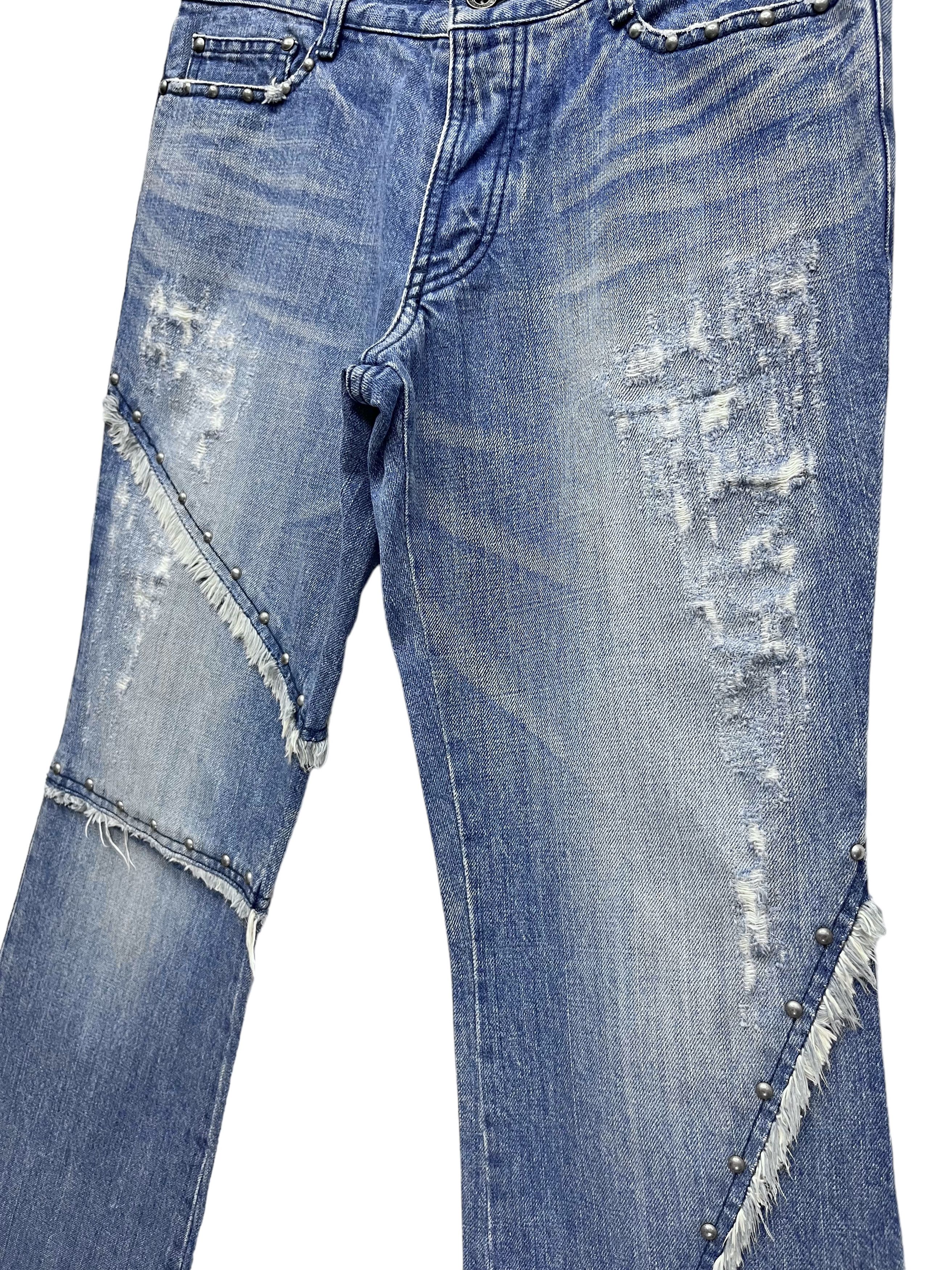 5351 POUR LES HOMMES 🔥Vtg 5351 HOMMES Distressed Frayed Spliced Studded Flare💥 Size US 31 - 10 Thumbnail
