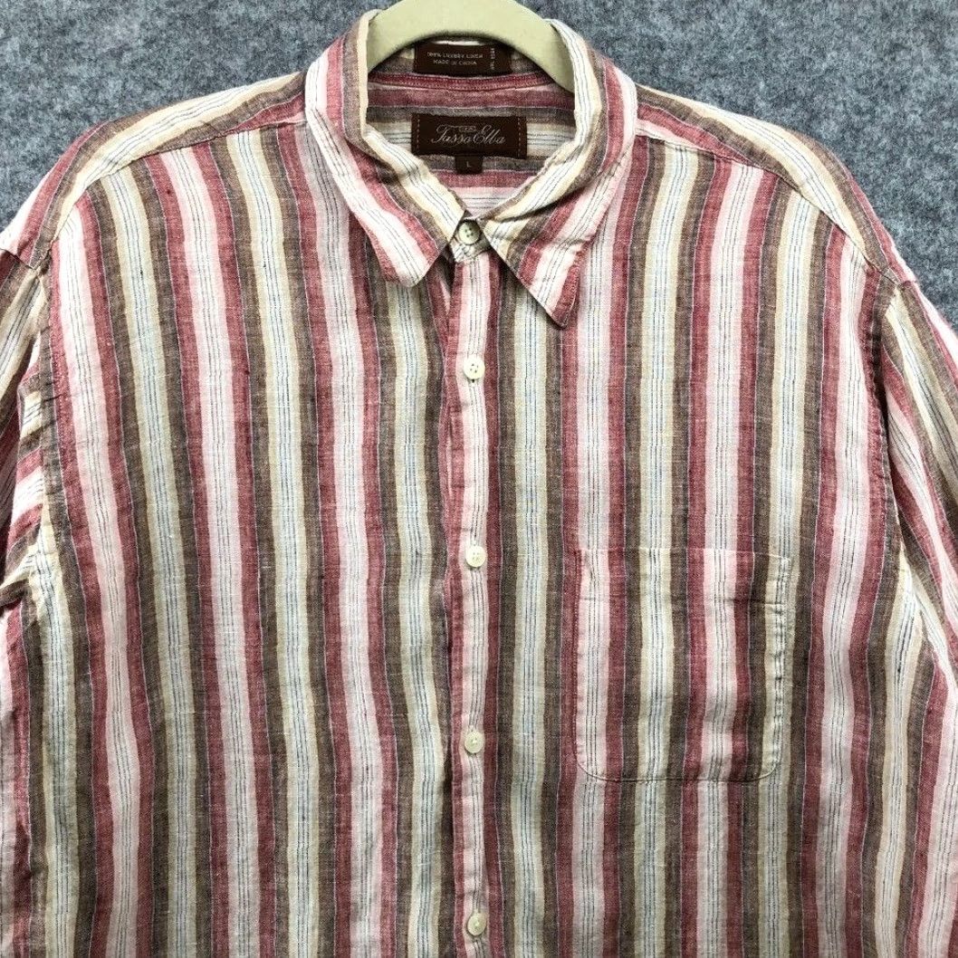 Tasso Elba Tasso Elba Linen Shirt Mens L Short Sleeve Button Up Striped Pink Brown Beach Holiday Ocean Collar Size US L / EU 52-54 / 3 - 3 Thumbnail