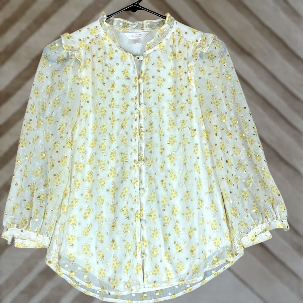 Lauren Conrad LC Lauren Conrad Womens Blouse White Yellow Floral Sheer Long Sleeve Lined XS Size XS / US 0-2 / IT 36-38 - 1 Thumbnail