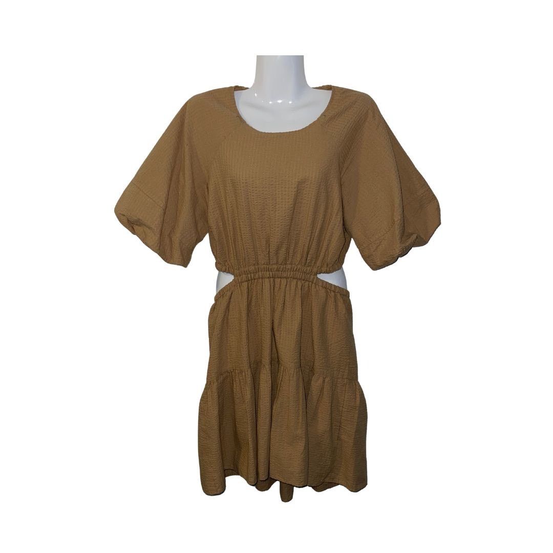 Madewell Seersucker Puff Sleeve Cutout Mini Dress Khaki Cottage Boho Size S / US 4 / IT 40 - 1 Thumbnail