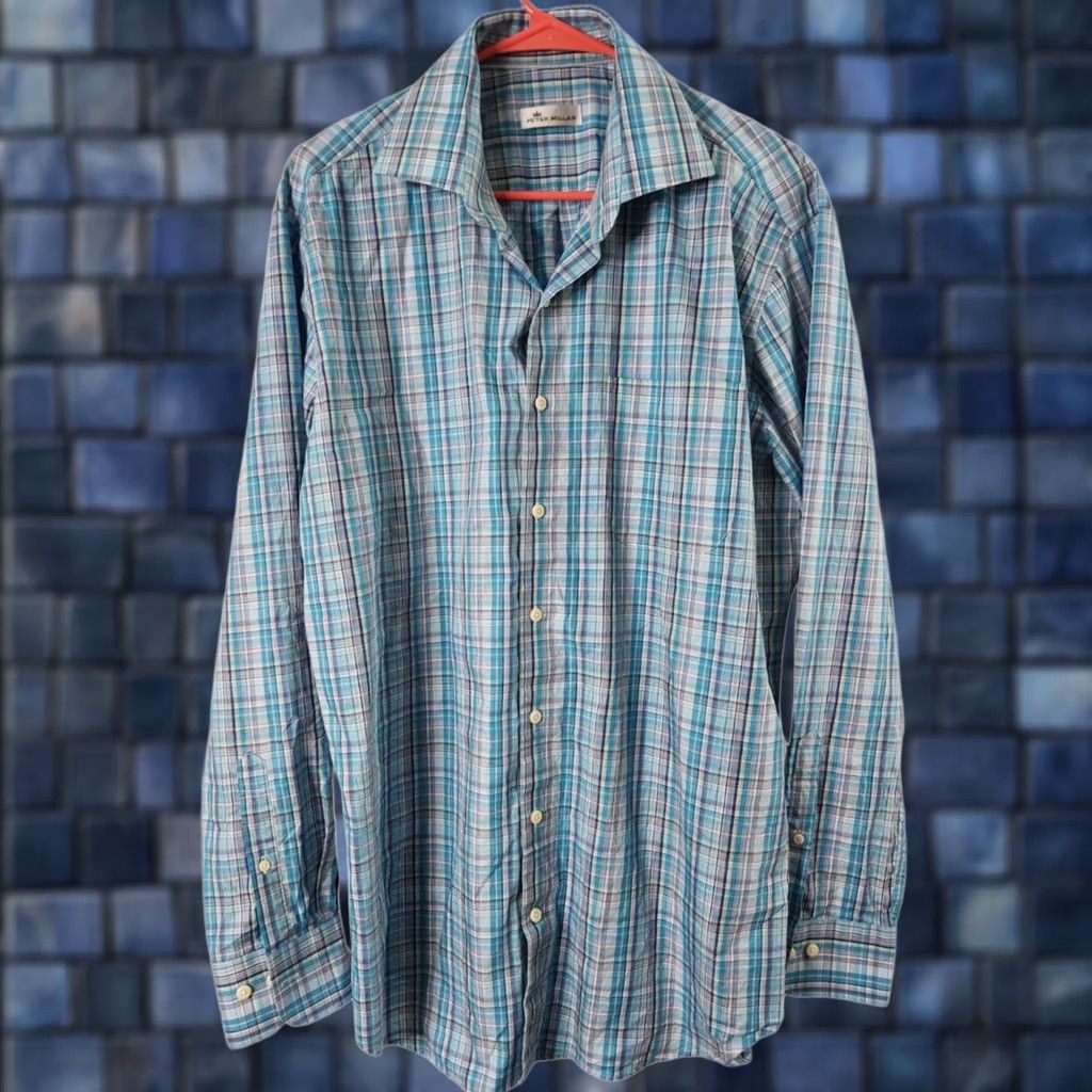 Peter Millar Peter Millar Mens Dress Shirt Long Sleeve Plaid Blue 100% Cotton Button Front L Size Mens Size 42R - 1 Thumbnail