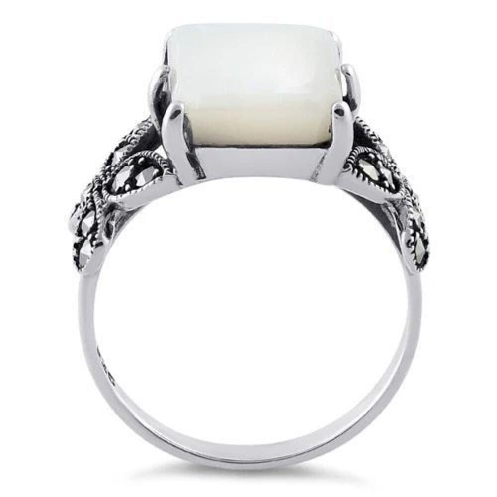 Other Sterling Silver Mother of Pearl Square Marcasite Ring Size ONE SIZE - 3 Thumbnail