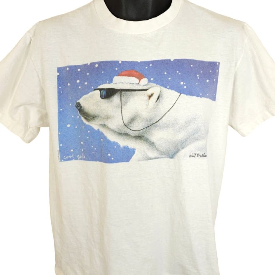Vintage Vintage Christmas Polar Bear T Shirt Mens Size Medium 90s Will Bullas Art Tee White Cotton Crew Neck Short Sleeve Bagan Size US M / EU 48-50 / 2 - 2 Thumbnail