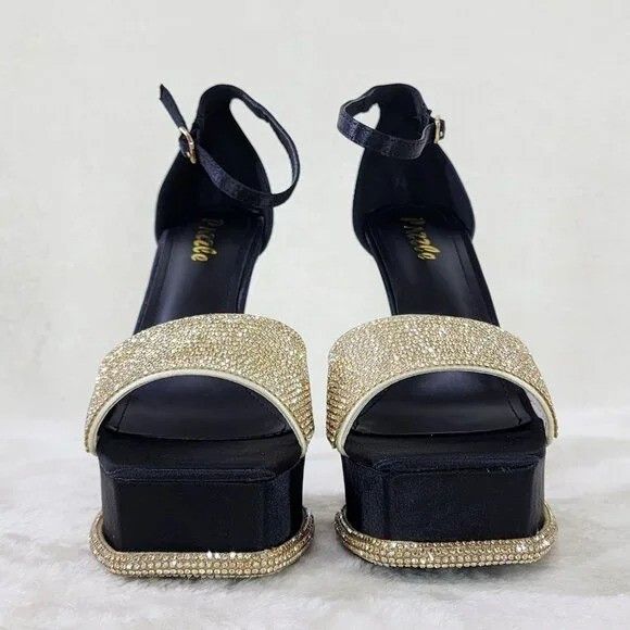 Other Helen Black Satin Gold Rhinestone Trim Party Evening Platfor Size US 6.5 / IT 36.5 - 7 Thumbnail