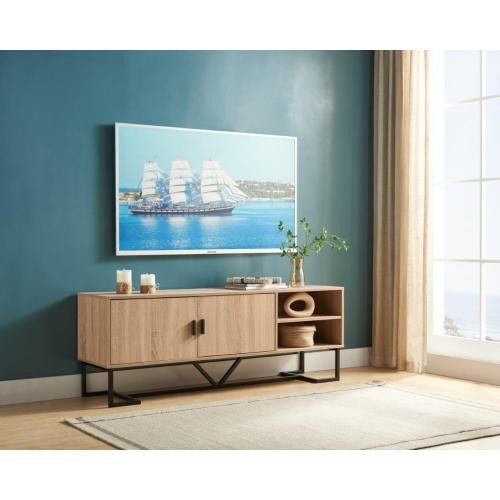TV Stand Two Door Cabinet with Two Open Shelves with Metal L