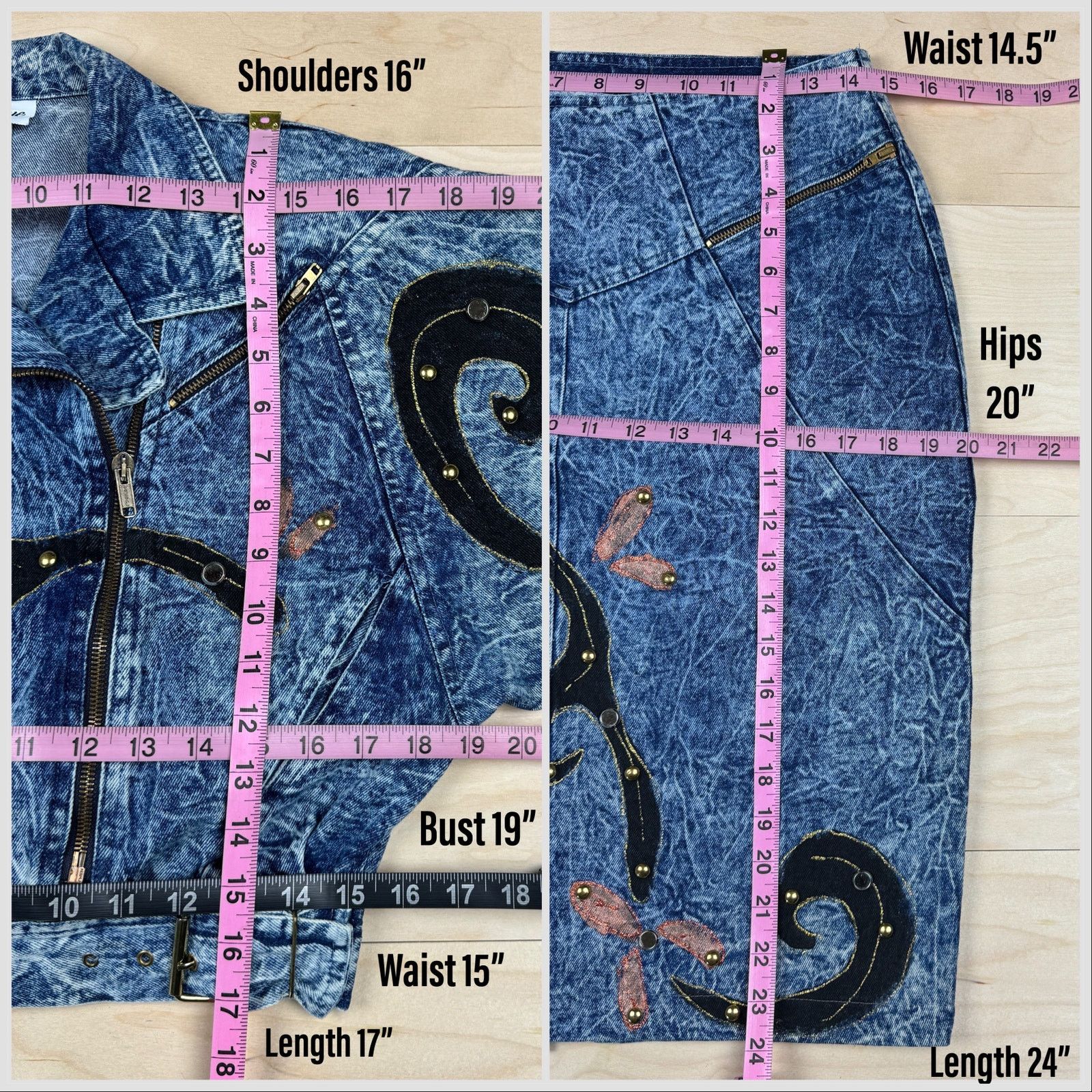 Vintage 1980s Acid Wash Denim Embellished Moto Jacket and Skirt Set Size 28" / US 6 / IT 42 - 6 Thumbnail