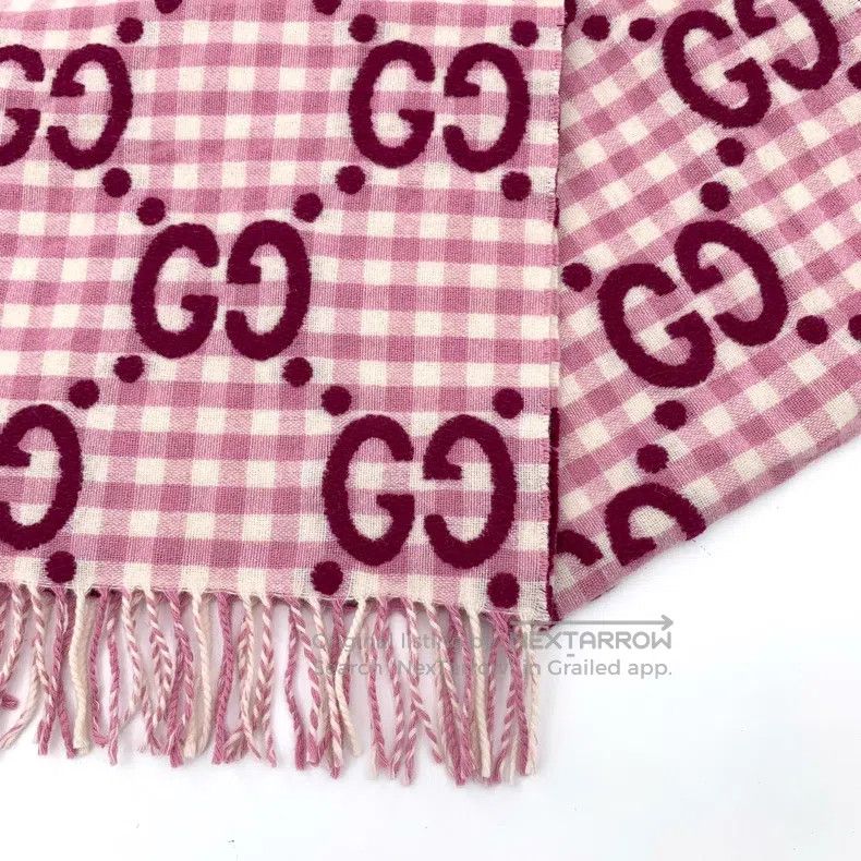 Gucci Gucci Pink logo jacquard full-print wool tassel scarf Size ONE SIZE - 5 Thumbnail