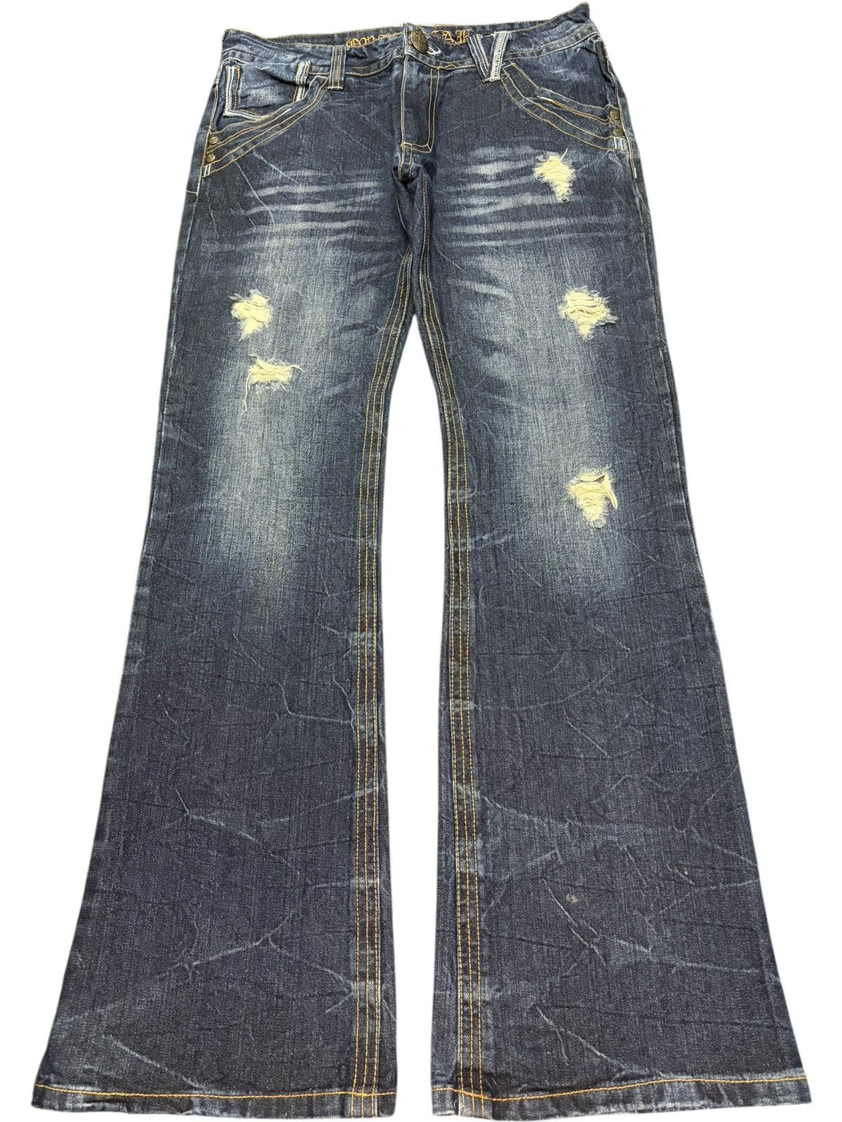 If Six Was Nine Vintage Japanese Brand Double Wing Distress Flare Jeans Size 32" / US 10 / IT 46 - 1 Thumbnail