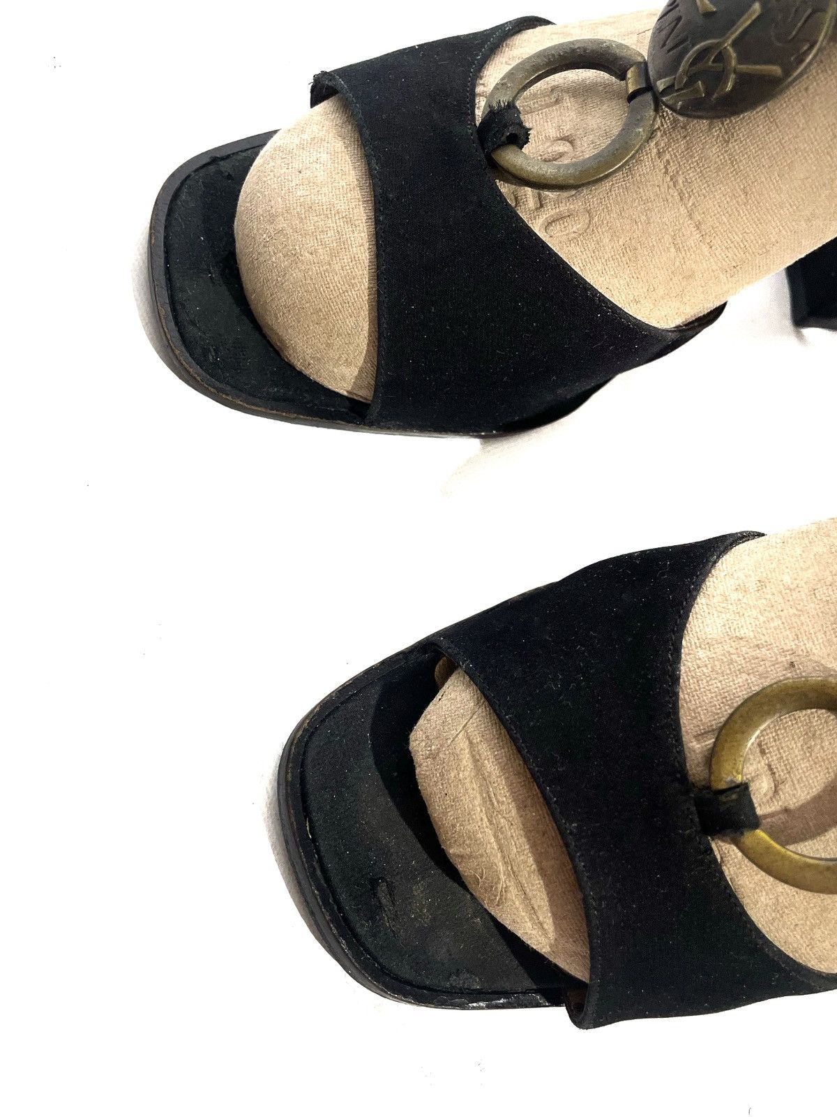 Yves Saint Laurent Yves Saint Laurent Black Velour Gold Logos Heels Size 36.5 Size US 6.5 / IT 36.5 - 7 Thumbnail
