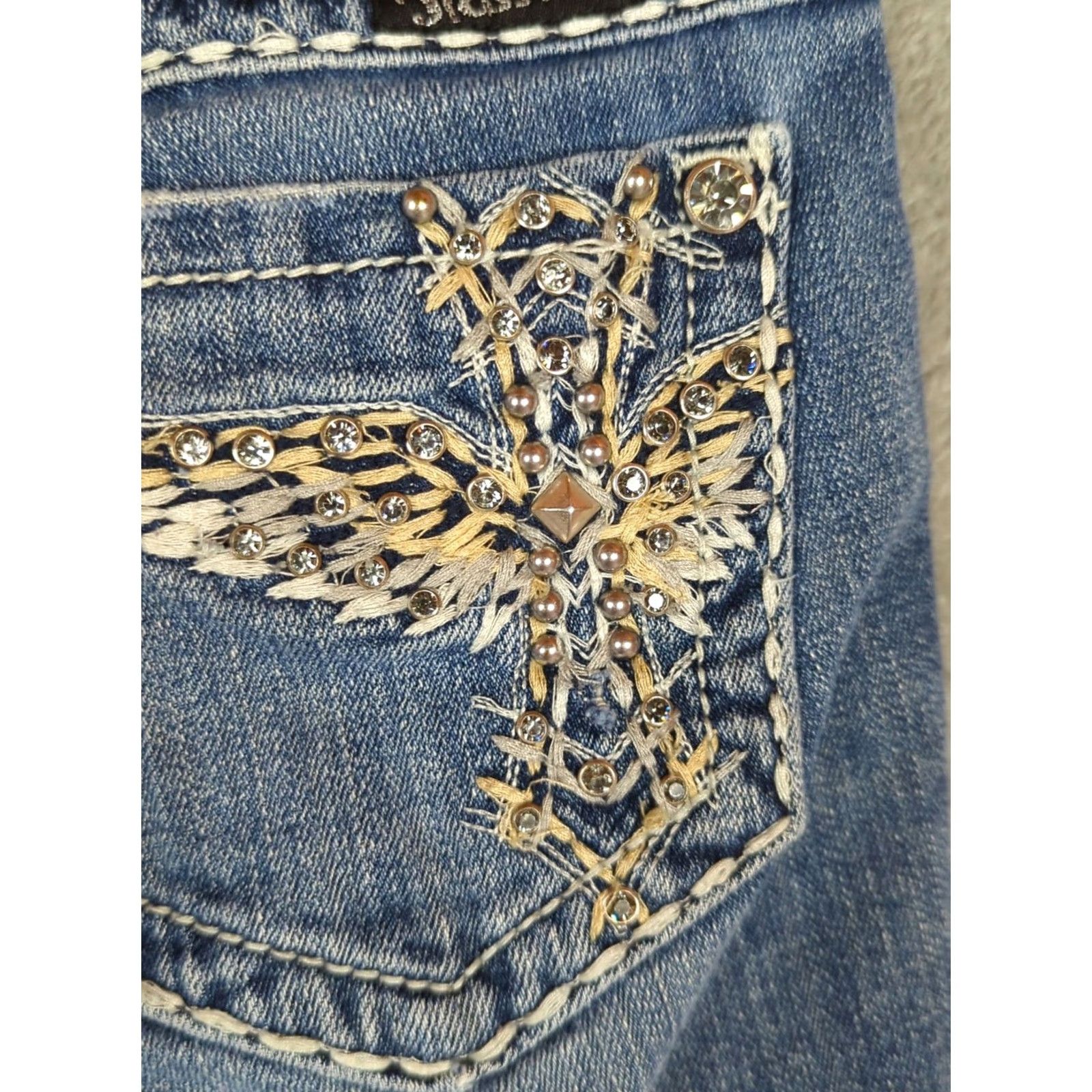 Miss Me Miss Me Jeans Womens 26 Blue Bootcut Denim Low Rise Medium Wash Rhinestone Studded Distressed Flawed Size 26" / US 2 / IT 38 - 6 Thumbnail