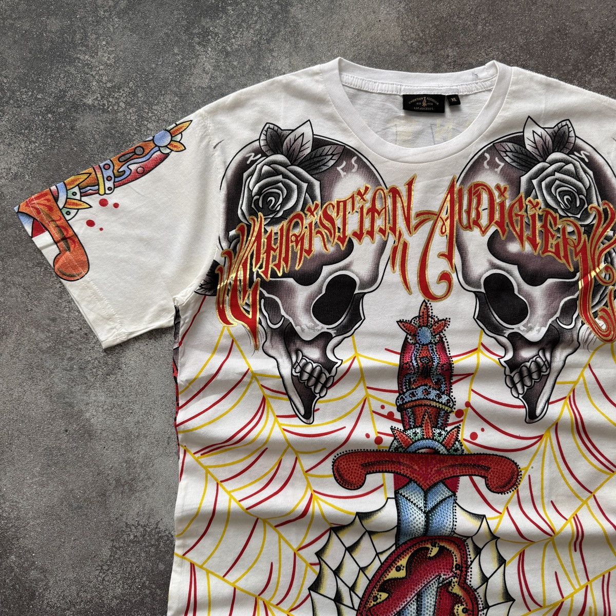 Christian Audigier Christian Audigier (Ed Hardy) Y2K Rhinestones Skulls T-Shirt Size US XL / EU 56 / 4 - 3 Thumbnail